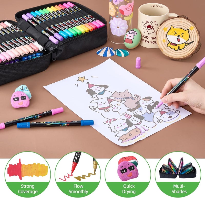 FEGLEEN 120 Colors Acrylic Paint Markers,Dual Tip Acrylic Marker Set With Fine Tip and Brush Tip Contain Metallic,Glitter,Neon,Morandi,Skin Tone Series for Rock Painting,Egg,Wood,Glass,Fabric,Crafts - Image 3